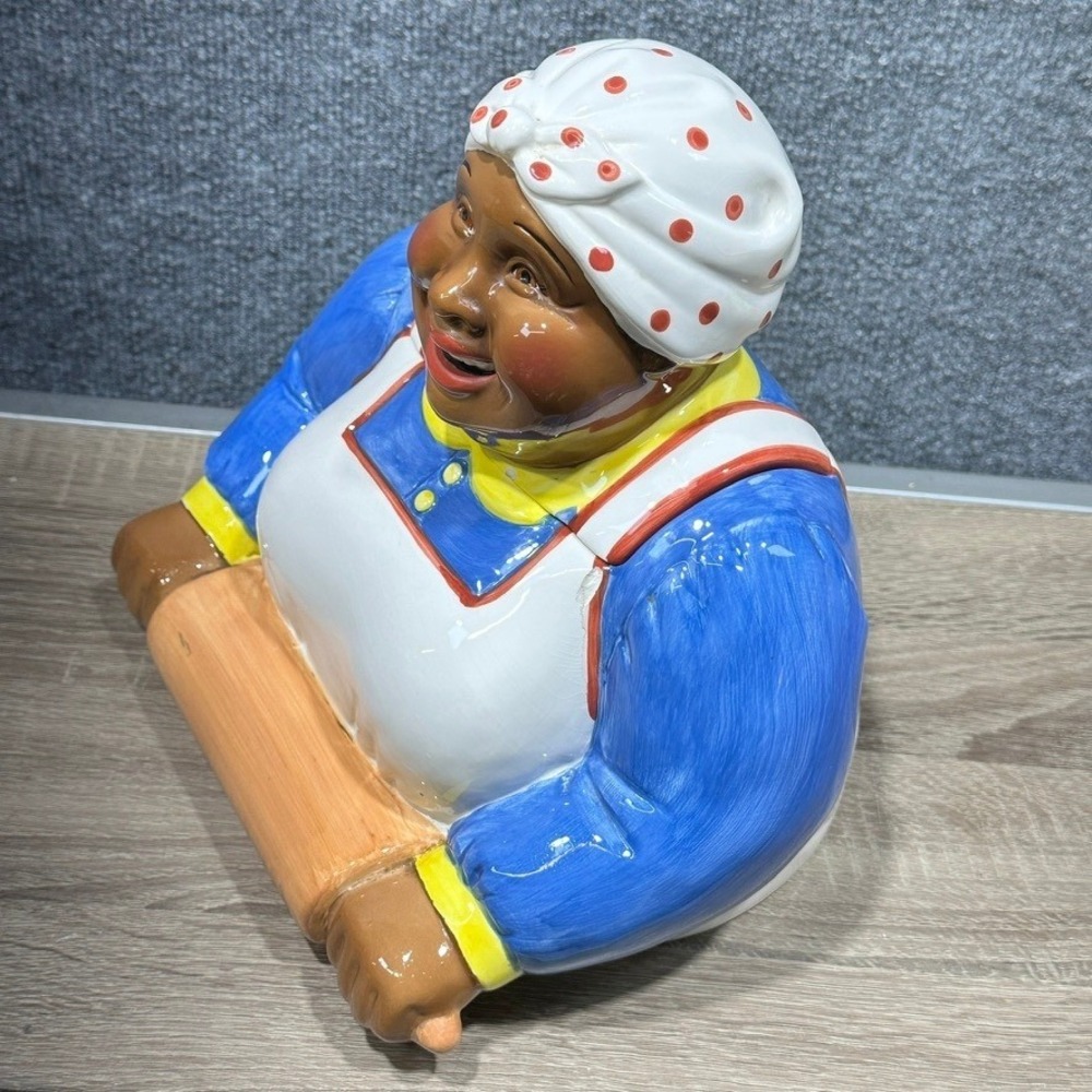 Vintage Clay Art Cookie Jar Blue Dress Rolling Pin Americana Kitchen Decor - Picture 6 of 16